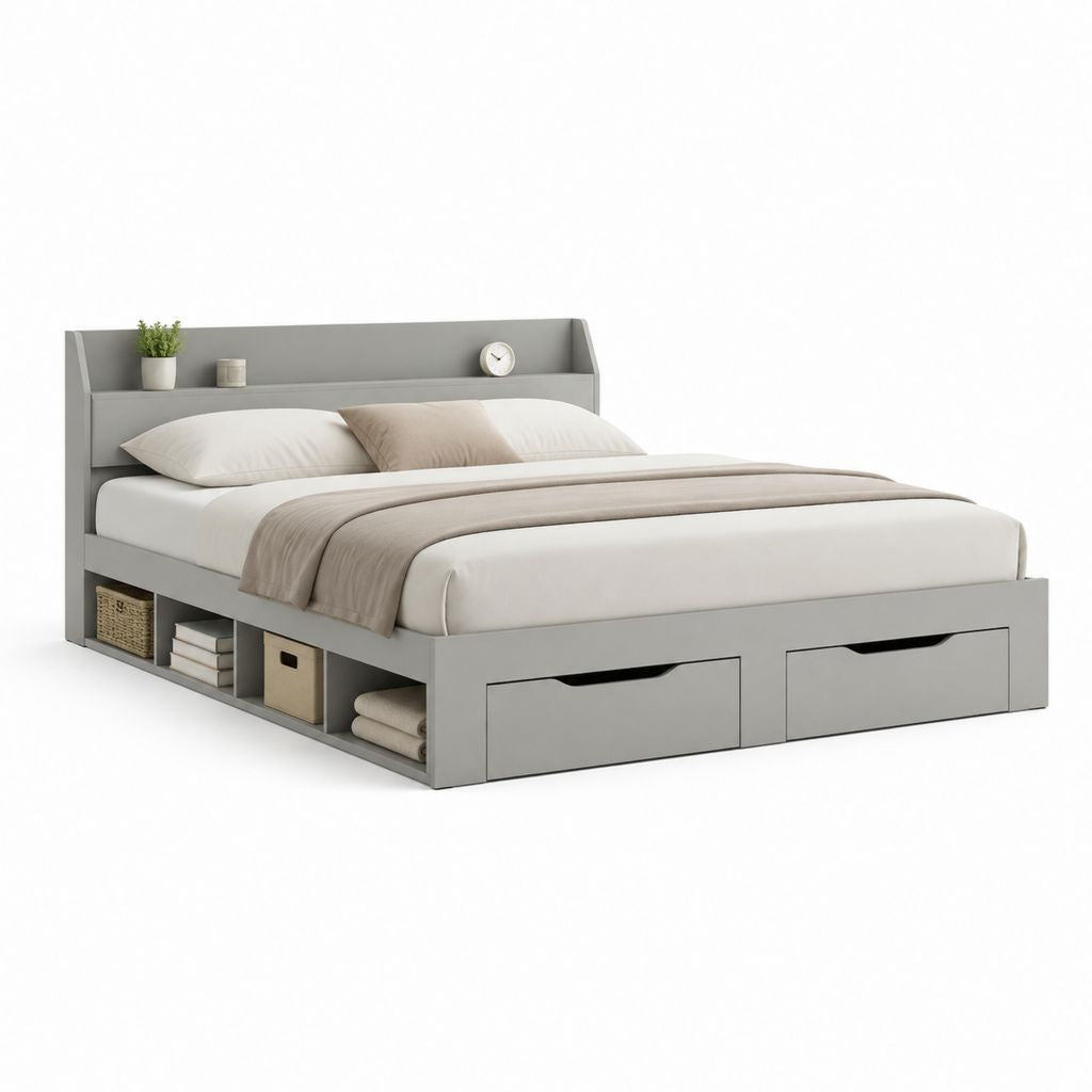 Letto matrimoniale con contenitore grigio in MDF 160 x 200 cm con testiera a mensola e 2 cassetti