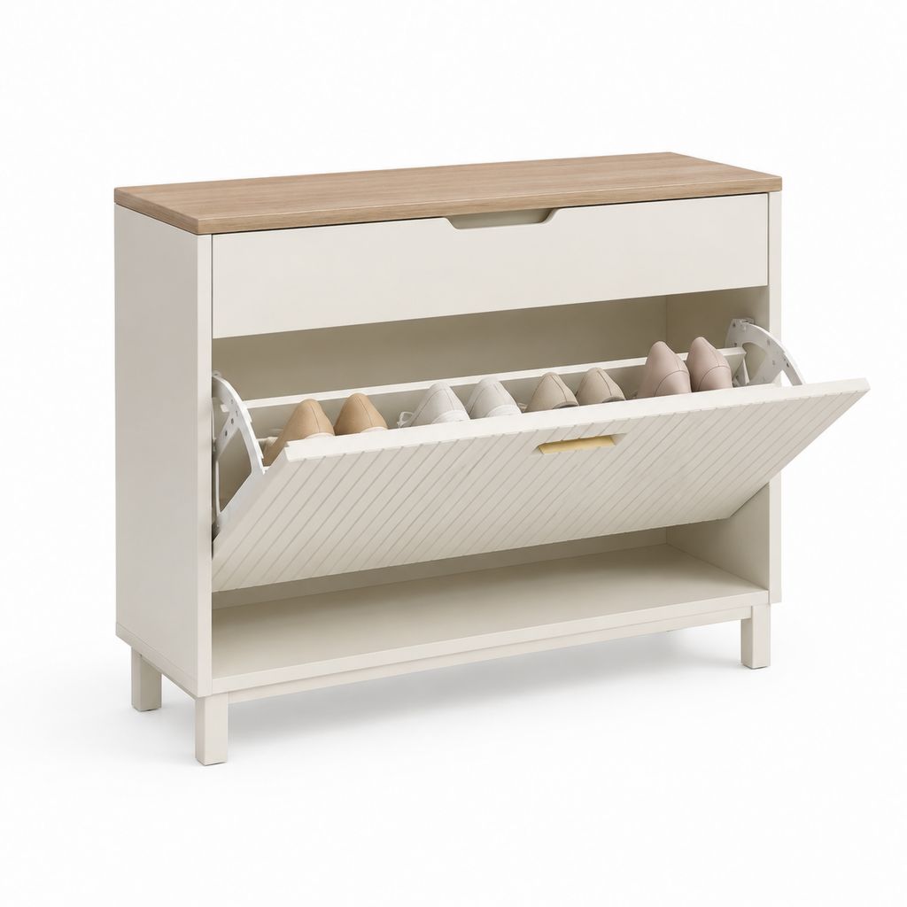 Scarpiera a ribalta rettangolare con cassetto bianco e rovere in pannelli di particelle 80 x 30 x 90 cm