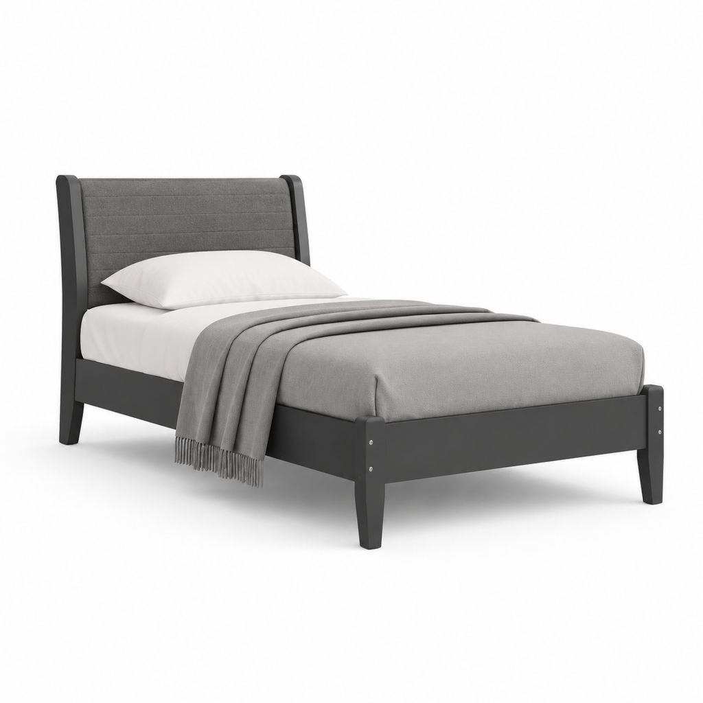 Letto singolo con testiera imbottita grigio e struttura nera 90 x 190 cm