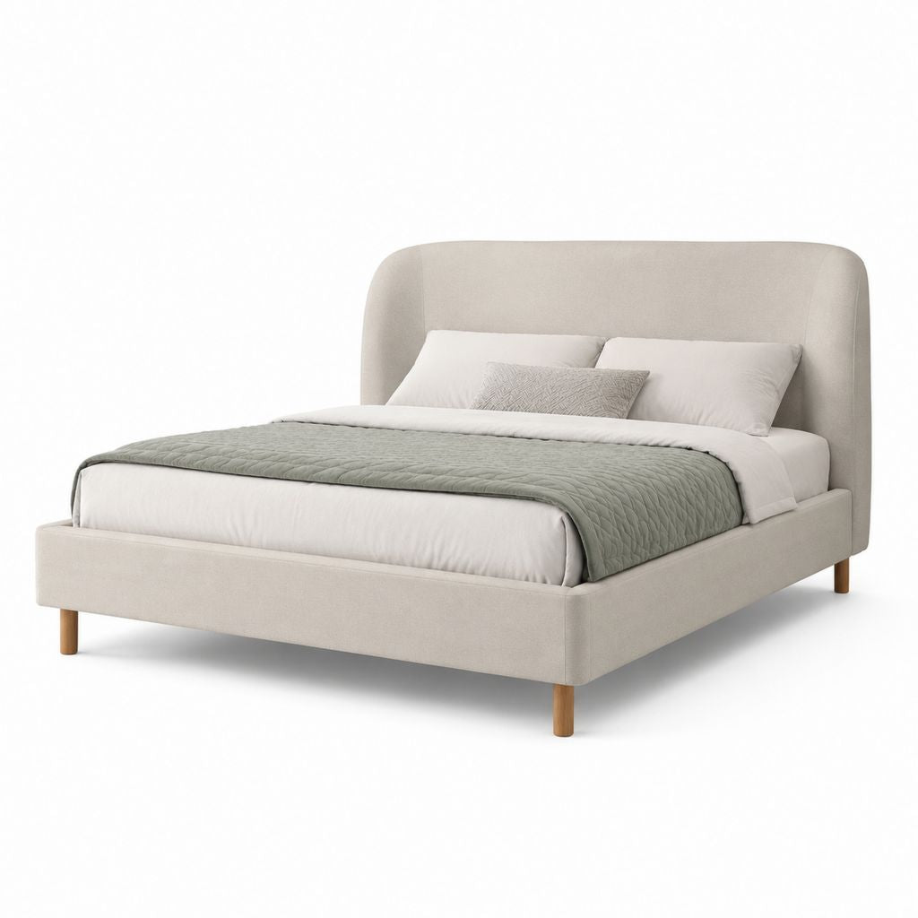 Letto matrimoniale imbottito beige in poliestere con testiera arrotondata 160 x 200 cm