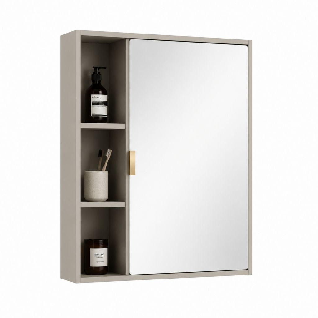 Armadietto bagno con specchio e ripiani a vista grigio tortora in MDF 60 x 80 x 15 cm