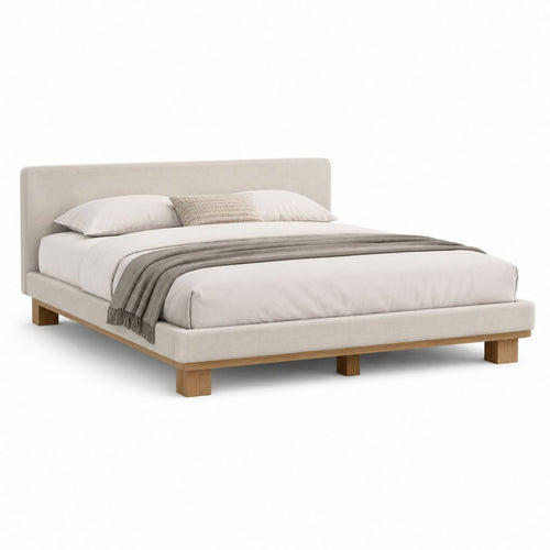 Letto matrimoniale beige in poliestere con struttura in legno 170 x 215 x 100 cm