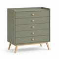 Cassettiera 5 cassetti verde salvia in MDF e faggio massello rettangolare 80 x 45 x 90 cm