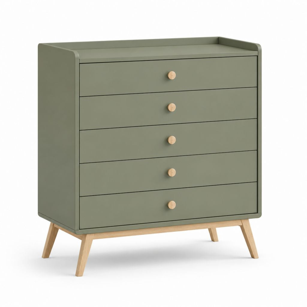 Cassettiera 5 cassetti verde salvia in MDF e faggio massello rettangolare 80 x 45 x 90 cm