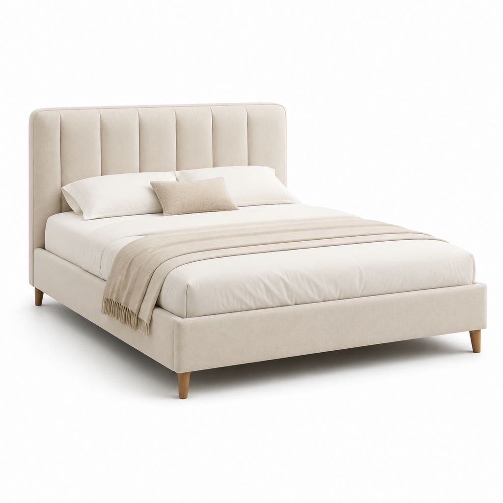 Letto matrimoniale imbottito beige in poliestere con testiera alta 160 x 200 cm