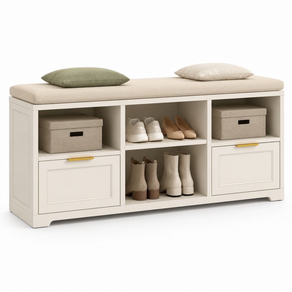 Scarpiera da ingresso con panca imbottita bianco crema in MDF 120 x 35 x 55 cm