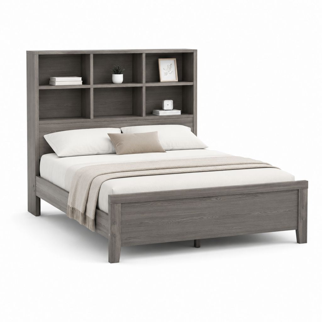 Letto matrimoniale grigio in MDF con testiera libreria 170 x 218 x 190 cm
