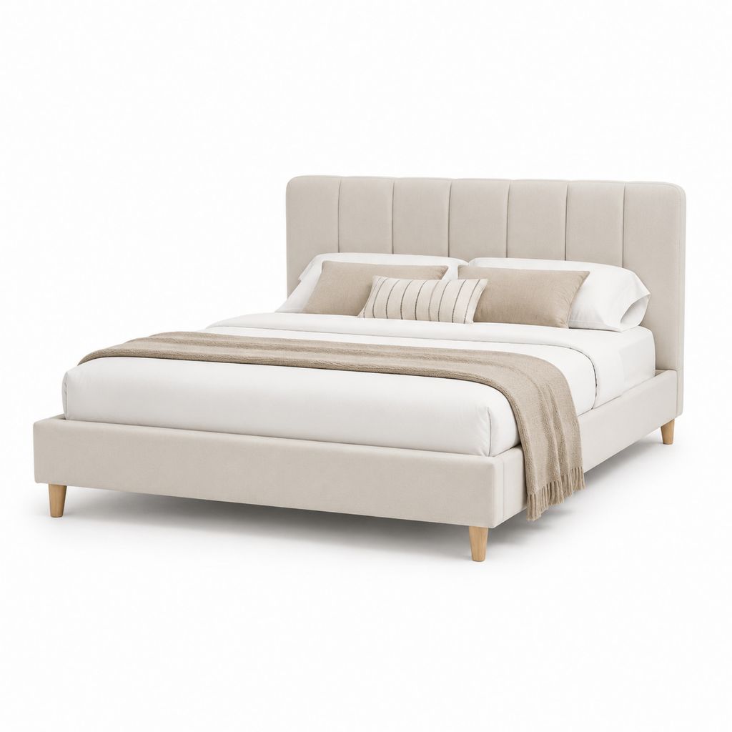 Letto matrimoniale imbottito beige in poliestere con testiera a pannelli 160 x 200 cm