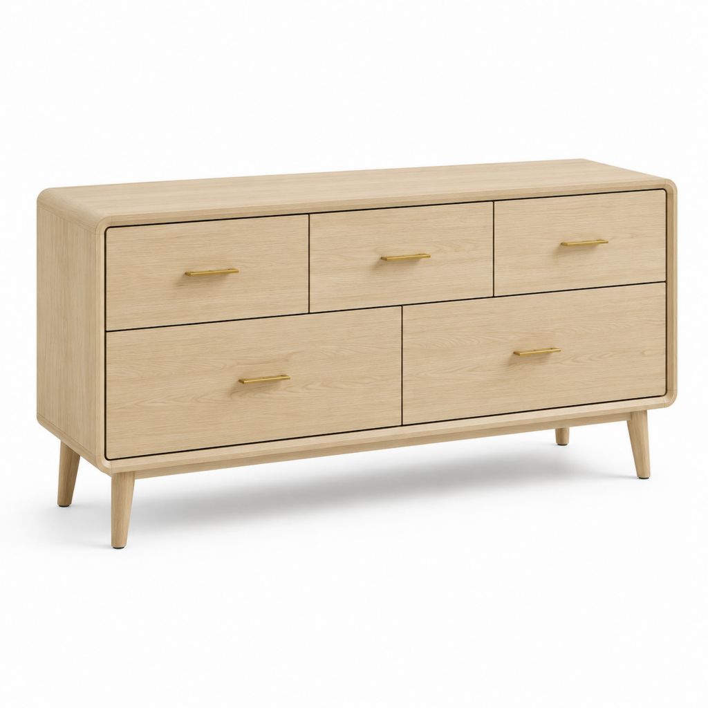 Cassettiera bassa 5 cassetti rovere chiaro MDF impiallacciato 150 x 80 x 45 cm