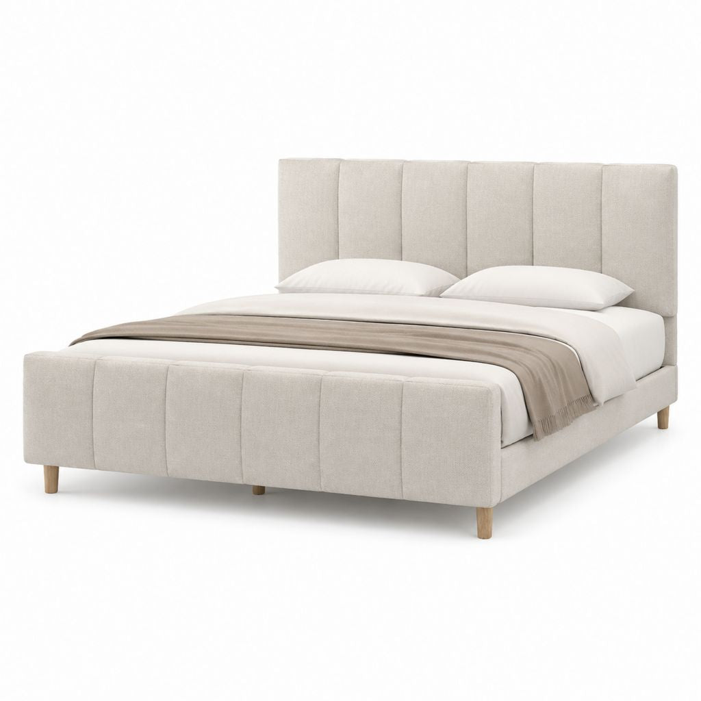 Letto matrimoniale imbottito beige in poliestere con testiera alta 160 x 200 cm