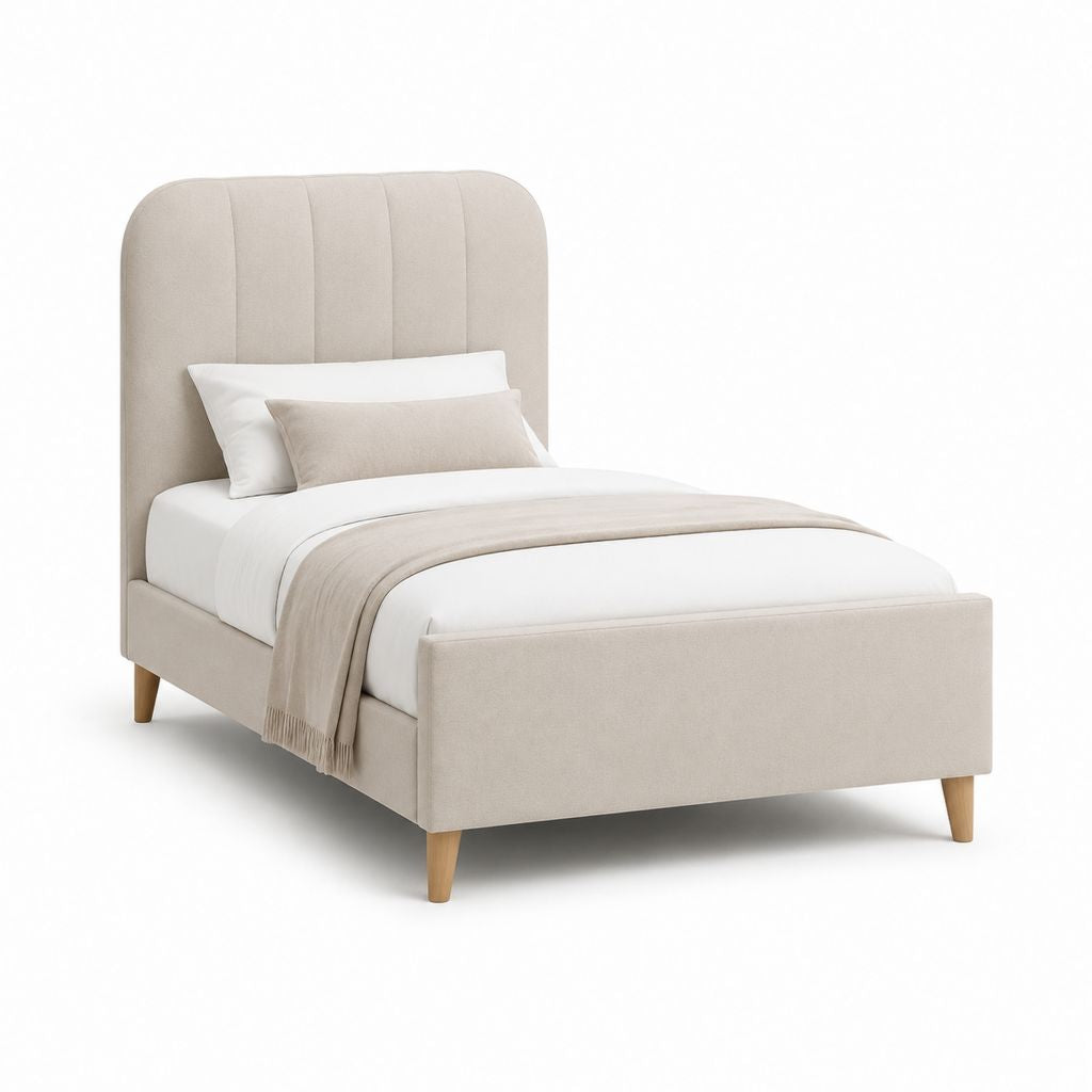 Letto singolo imbottito beige in poliestere con testiera arrotondata 100 x 200 cm