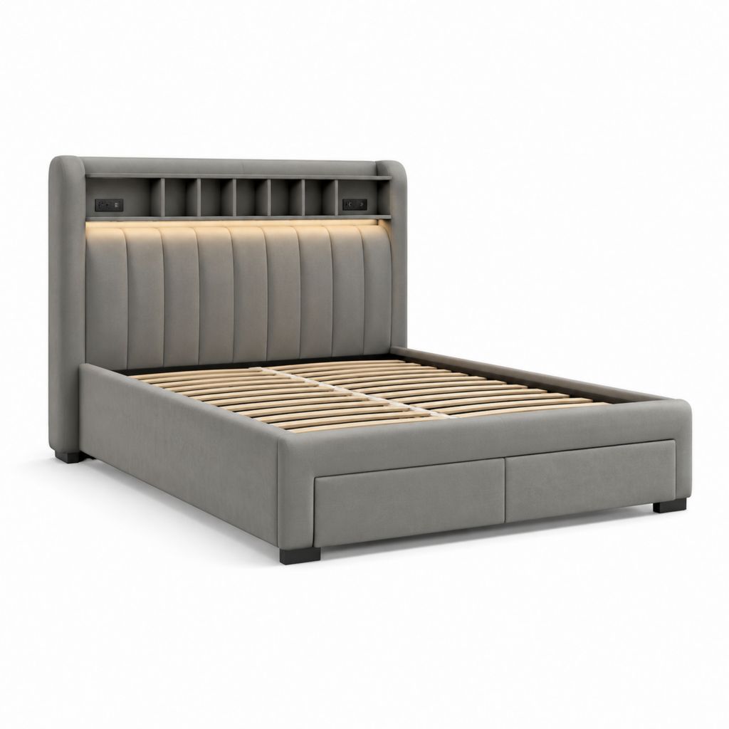 Letto matrimoniale con contenitore grigio in poliestere 160 x 200 cm con testiera imbottita LED e ripiani