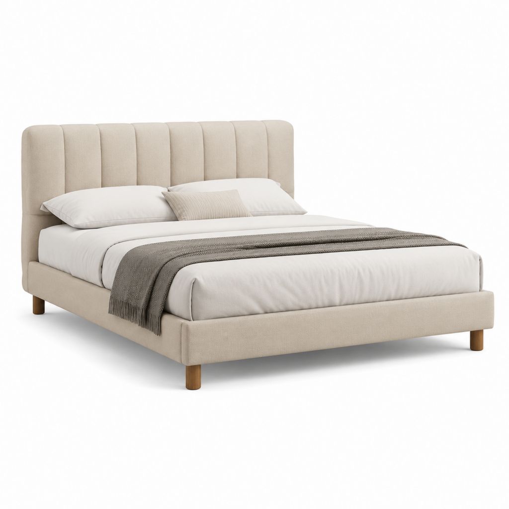 Letto matrimoniale con testiera imbottita beige in poliestere 160 x 200 cm