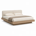 Letto matrimoniale con struttura in MDF rovere e testiera imbottita beige 180 x 218 x 100 cm