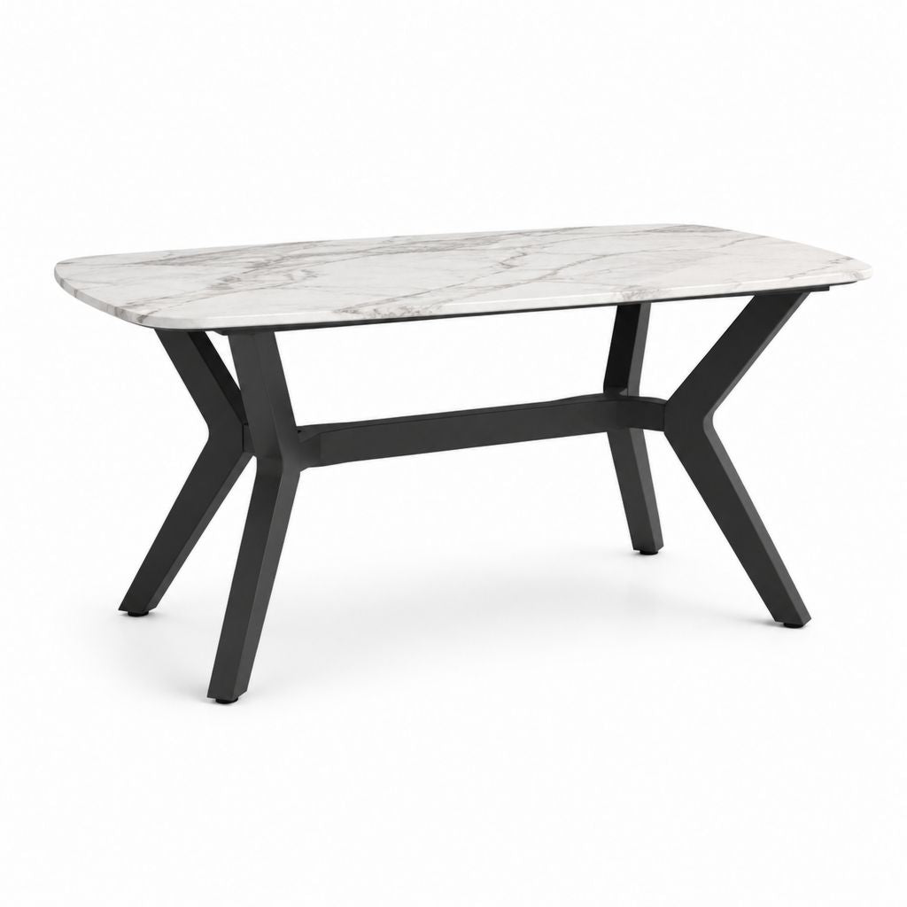 Tavolo da pranzo rettangolare bianco effetto marmo con struttura in acciaio nero 140 x 80 x 75 cm