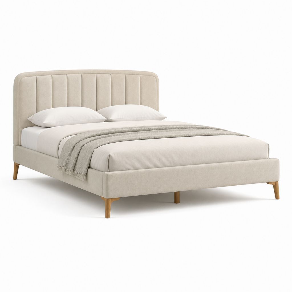 Letto matrimoniale imbottito beige in poliestere 160 x 200 cm con testiera a pannelli verticali