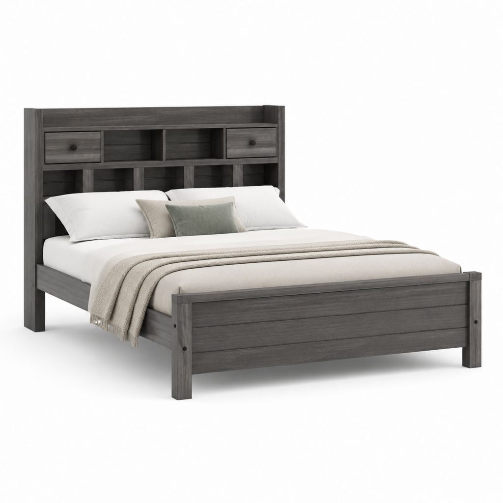 Letto matrimoniale con testiera contenitore grigio in legno massello di pino 160 x 200 cm