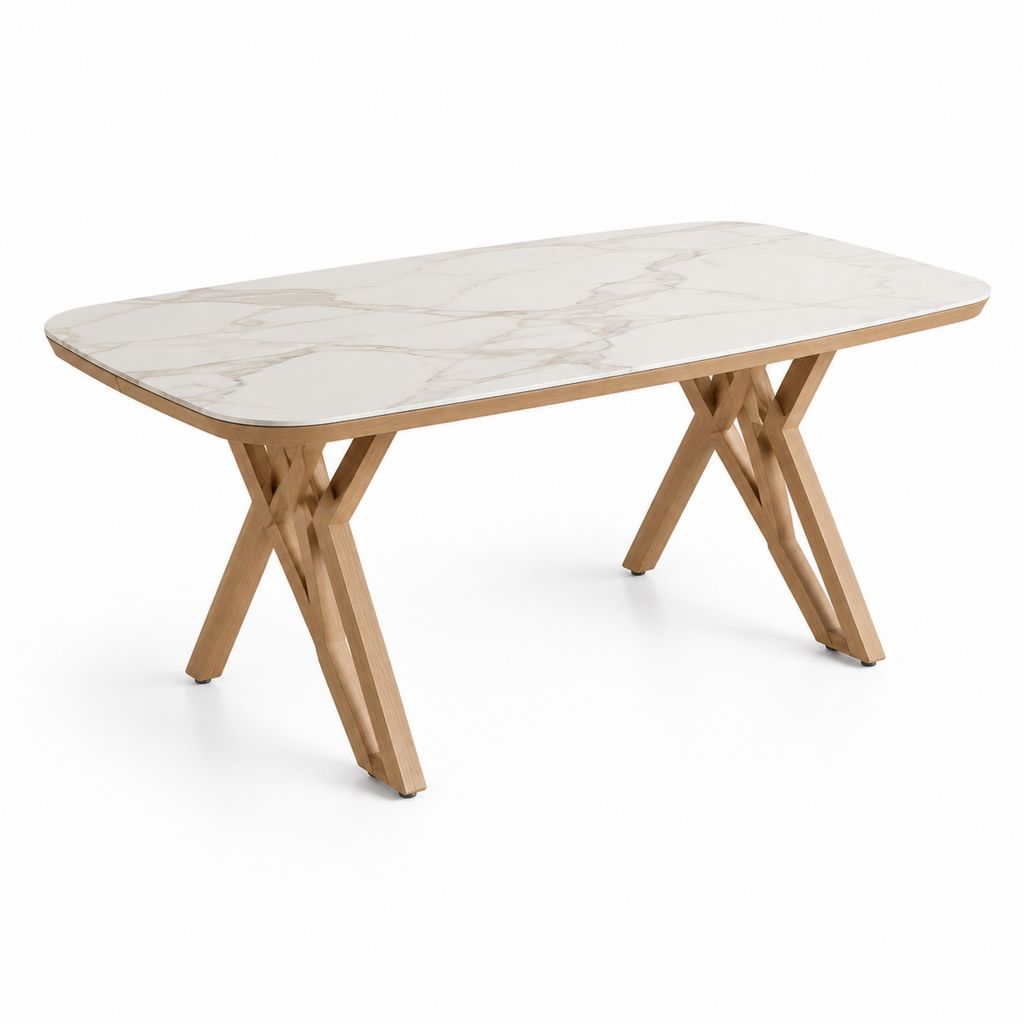 Tavolo da pranzo rettangolare bianco effetto marmo con gambe in legno massello 180 x 90 x 75 cm